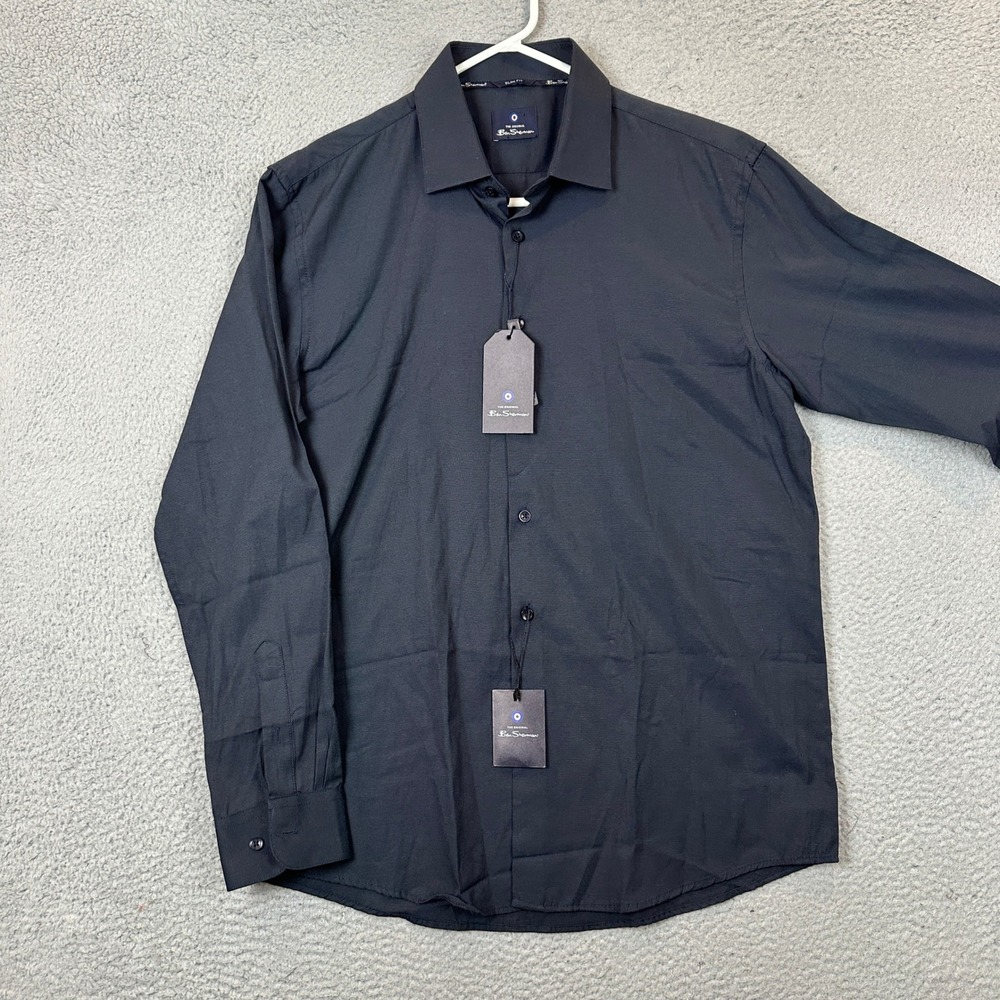 NEW Ben Sherman Shirt Mens Large 16-16.5 Slim Fit Dress Navy Basketweave Dobby